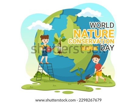 World Nature Conservation Day Vector Illustration with Kids, World Map, Tree and Eco Friendly Ecology in Cartoon Hand Drawn Landing Page Templates