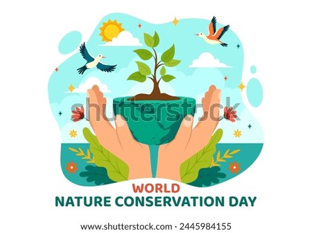 World Nature Conservation Day Vector Illustration with World Map, Tree and Eco Friendly Ecology for Preservation in Flat Cartoon Background