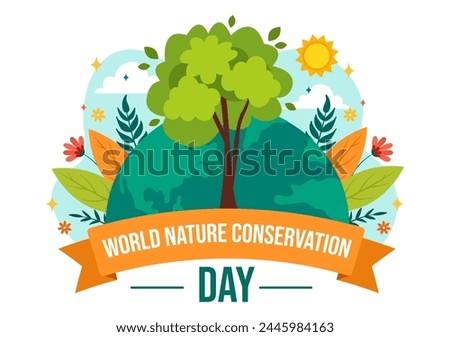 World Nature Conservation Day Vector Illustration with World Map, Tree and Eco Friendly Ecology for Preservation in Flat Cartoon Background