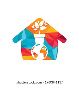 World Nature eco logo template. Globe and flower pot icon vector design.
