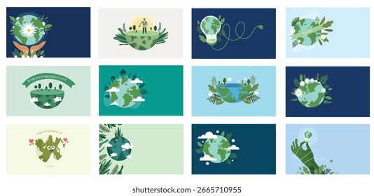World and nature illustrations in flat style for eco awareness and climate change campaign designs