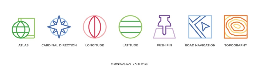 World Navigation Guide Icons setzen Vektorgrafik Umrissfarbe mit Atlas, Kardinalrichtung, Längengrad, Breitengrad, Push Pin, Road Navigation, Topographie