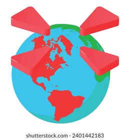 World navigation icon isometric vector. Planet earth globe with direction sign. Location determination, navigation