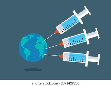 The world needs a third dose to protect against the Covid 19 virus or Corona virus. 3 syringes come to vaccinate the earth against the epidemic. Concept of booster shot