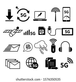 World network, 5G internet isolated icons vector. Sharing or downloading files and connection signal, messaging, wi-fi and speed test on mobile device, laptop. Tablet and satellite, SIM card and cloud