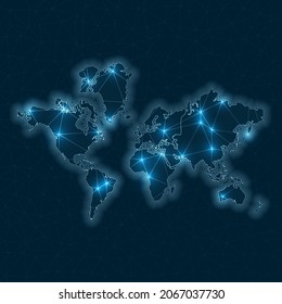 The World network map. Abstract geometric map of the world. Digital connections and telecommunication design. Glowing internet network. Captivating vector illustration.