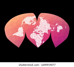 World network map. Alan K. Philbrick's interrupted sinu-Mollweide projection. Wired globe in Interrupted Sinu Mollweide projection on geometric low poly background. Creative vector illustration.