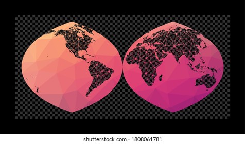 World network map. Quartic authalic projection interrupted into two hemispheres. Wired globe in Interrupted Quartic Authalic projection on geometric low poly background. Cool vector illustration.