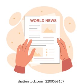 World news concept. Character holding newspaper in his hands. Information and knowledge, mass media. Hobby and leisure, reading. Paper media tabloid, gazette. Cartoon flat vector illustration