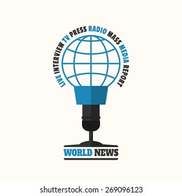 World News Concept Vector Illustration In Flat Style. World News Logo Looks Like A Microphone With The Blue Globe Symbol. Mass Media Icon.