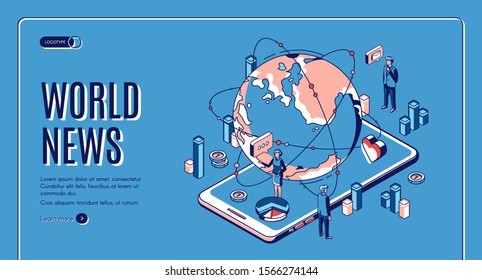 World news isometric landing page. Earth globe lying on huge smartphone screen with tv presenters broadcasting on television. Worldwide media business 3d vector illustration, web banner, line art