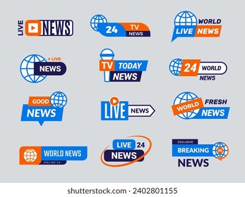 World news logo. Emblems for news tv entertainment recent vector badges set collection with place for text