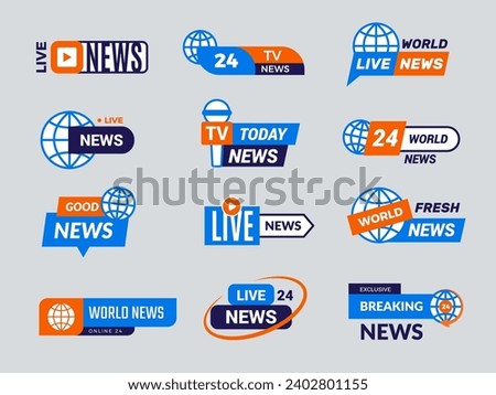 World news logo. Emblems for news tv entertainment recent vector badges set collection with place for text