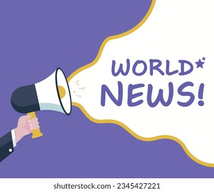 World News - Male hand holding megaphone. Loudspeaker. Banner for business, marketing and advertising. Vector illustration