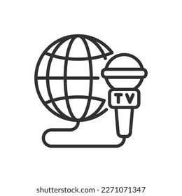 World news, microphone and globe, linear icon. Line with editable stroke