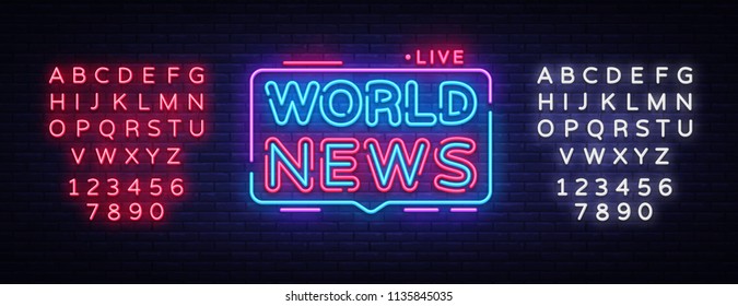 World News sign vector design template. Breaking News neon logo, light banner design element colorful modern design trend, night bright advertising, brightsign. Vector. Editing text neon sign