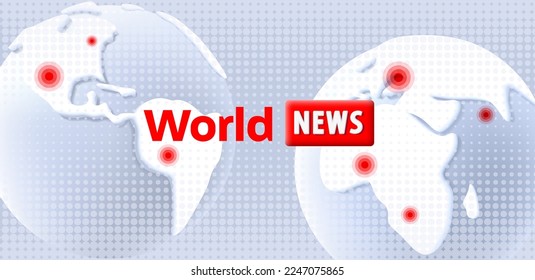World news spalsh screen template with 3d white and gray globes with different continents and red pointer in cities