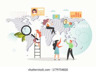 World news, vector concept flat illustration. People creating news reports and reading or watching the latest and live breaking world news online.