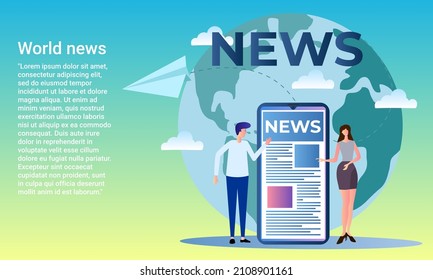 Noticias mundiales. La gente de fondo del mundo transmite noticias por todo el mundo. Un afiche de estilo empresarial. Ilustración vectorial plana.