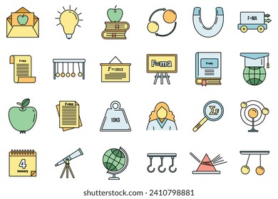 World Newtons day icons set. Outline set of world Newtons day vector icons thin line color flat on white