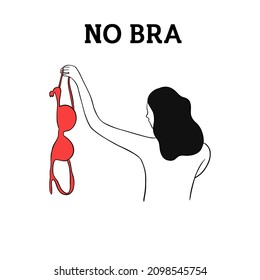 World no bra day. Linear illustration of a girl holding a bra in her hands.