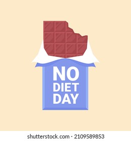 World No Diet Day 6 may. Colorful bitten chocolate bar in opened package wiht letter type. Cartoon flat trendy style. Vector graphic illustration.