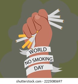 Día Mundial No Fumadores. Hombre con cigarrillos rotos en el fondo del color, ilustración