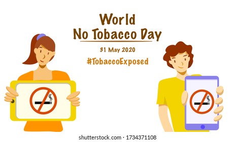 Día Mundial Sin Tabaco, 31 de mayo de 2020 tema : tabaco expuesto. Muchacho adolescente sosteniendo un teléfono móvil y una tablet sin signo de no fumar. Ilustración vectorial, diseño plano