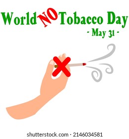 World No Tobacco Day, 31 May. Vector hand holding a lit cigarette and exhaling the smoke, with a red cross in front of it as a forbidden sign