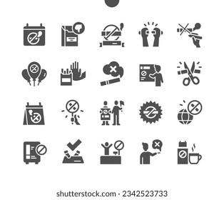 World No Tobacco Day 31 May. Advertising ban. No smoking. Stop addiction. Calendar. Holiday. Protests. Vector Solid Icons. Simple Pictogram