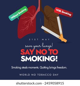 World No Tobacco Day. 31 May World No tobacco day awareness banner with inside view of lungs showing the difference between smoker lung and no smoker healthy lung. Say no to smoking conceptual banner.