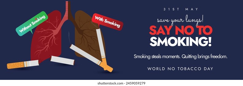 World No Tobacco Day. 31 May World No tobacco day cover banner, post with inside view of lungs showing the difference between smoker lung, non smoker healthy lung. Say no to smoking conceptual banner.