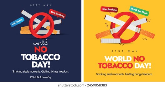 World No Tobacco Day. 31st May World No Tobacco Day banners set with banned, no sign, symbol on cigarettes. Say no to Smoking conceptual banners, post template with dark yellow and blue background.