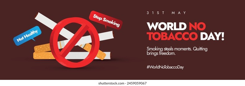 World No Tobacco Day. 31st May World No tobacco day celebration cover banner, post with banned sign on cigarettes. The theme for 2024 is Protecting children from tobacco industry interference. 