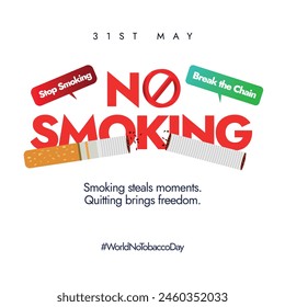 World No Tobacco Day. 31st May conceptual banner no smoking banner with a cigarette in half and banned signed. World no tobacco day banner, post with speech bubbles: stop smoking, break the chain.