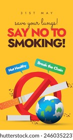 Día Mundial Sin Tabaco. 31 de mayo Día Mundial sin tabaco celebración Anuncio de Vertical, post con cartel prohibido en los cigarrillos. El tema para 2024 es Proteger a los niños de la interferencia de la industria del tabaco. 