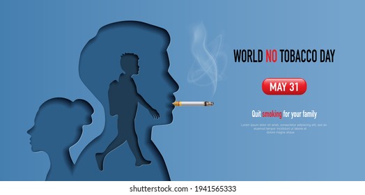 World No Tobacco day, banner design, father smoking while his son and wife suffering from cigarette smoking, paper illustration, and 3d paper.