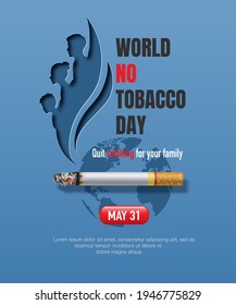 World No Tobacco day, banner design, father, son, and mother with smoke on smoke suffering from cigarette smoking, paper illustration, and 3d paper.