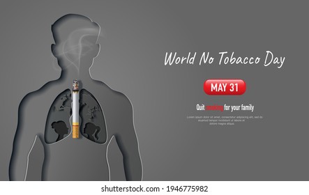 World No Tobacco day, banner design, a man with mother and daughter in lung shape suffering from cigarette smoking, paper illustration, and 3d paper.