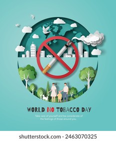 World No Tobacco day, banner design, join together to fight against smoking for the sake of public health and a livable society, paper illustration, and 3d paper.