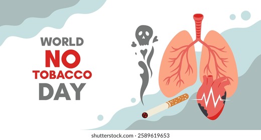 World No Tobacco Day. Banner vector template. lungs, heart, cigarette.