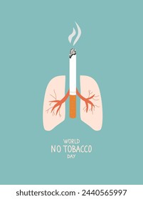 Tarjeta del Día Mundial sin tabaco. Dejen de fumar pancartas. Cigarrillo y elemento de conciencia pulmonar. Ilustración plana vectorial.