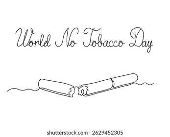Dia Mundial sem cigarro. Abstrato rasgado, cigarro quebrado, arte contínua linha única mão desenho esboço logotipo