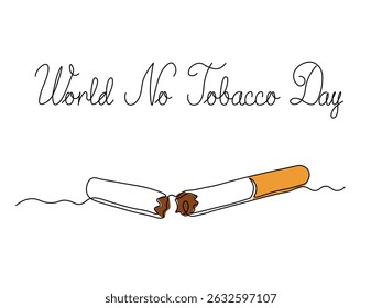 World no tobacco day. card. Abstract torn, broken cigarette,continuous single line art hand drawing sketch logo