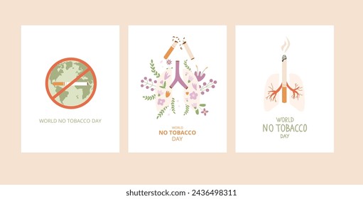 World no tobacco day cards set. Stop smoking banner. Cigarette, lung and forbidden sign awareness. Vector flat illustration.