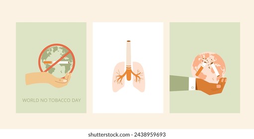 World no tobacco day cards set. Stop smoking banner. Cigarette and forbidden sign awareness. Vector flat illustration