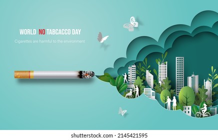 World No Tobacco day, a cigarette with a smoke design showing city dwellers.