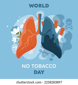 World no tobacco day. Comparsion of lungs of healthy person and smoker, harm of tobacco and nicotine. International holiday awareness. Stop smoking motivation. Cartoon flat vector illustration