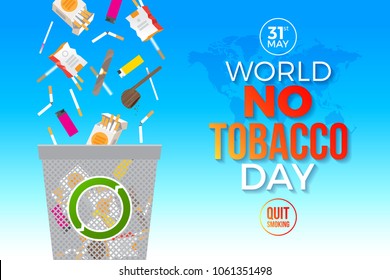 World no tobacco day - concept illustration. 
Cigarettes and other items for smoking are thrown out into the trash can. Vector illustration.