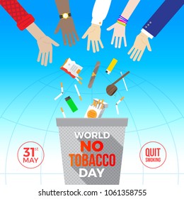 World no tobacco day - concept illustration. Many hands throw out cigarettes and other items for smoking away in the trash